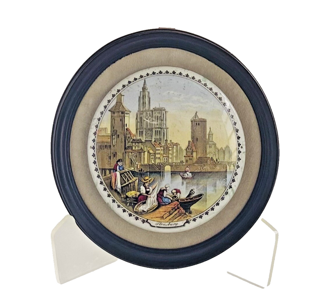 Prattware Pot Lid Framed Strasburg c 1845-1875 6.00 in. {15cm} diameter Vintage
