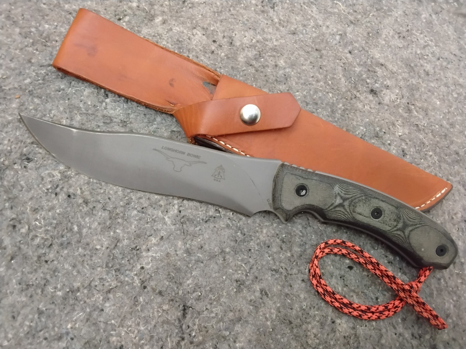 TOPS Longhorn Bowie Fixed Knife 1095HC Steel Blade Black Canvas Micarta Handle TOPS Longhorn Bowie Fixed Knife 1095HC Steel Blade Black Canvas Micarta Handle