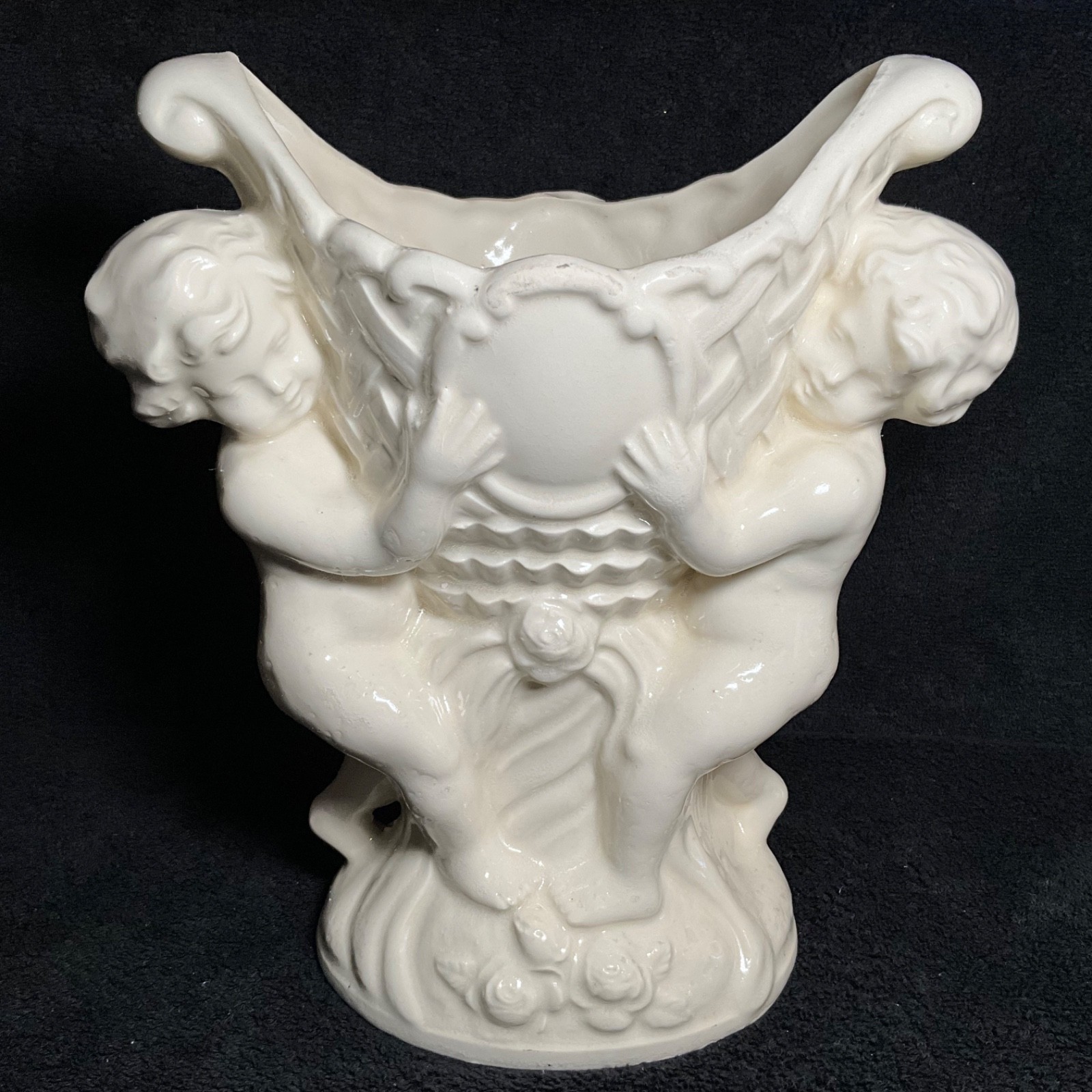 Vintage Medium White Cherub Ceramic  Vase Planter 11 in x 9 in