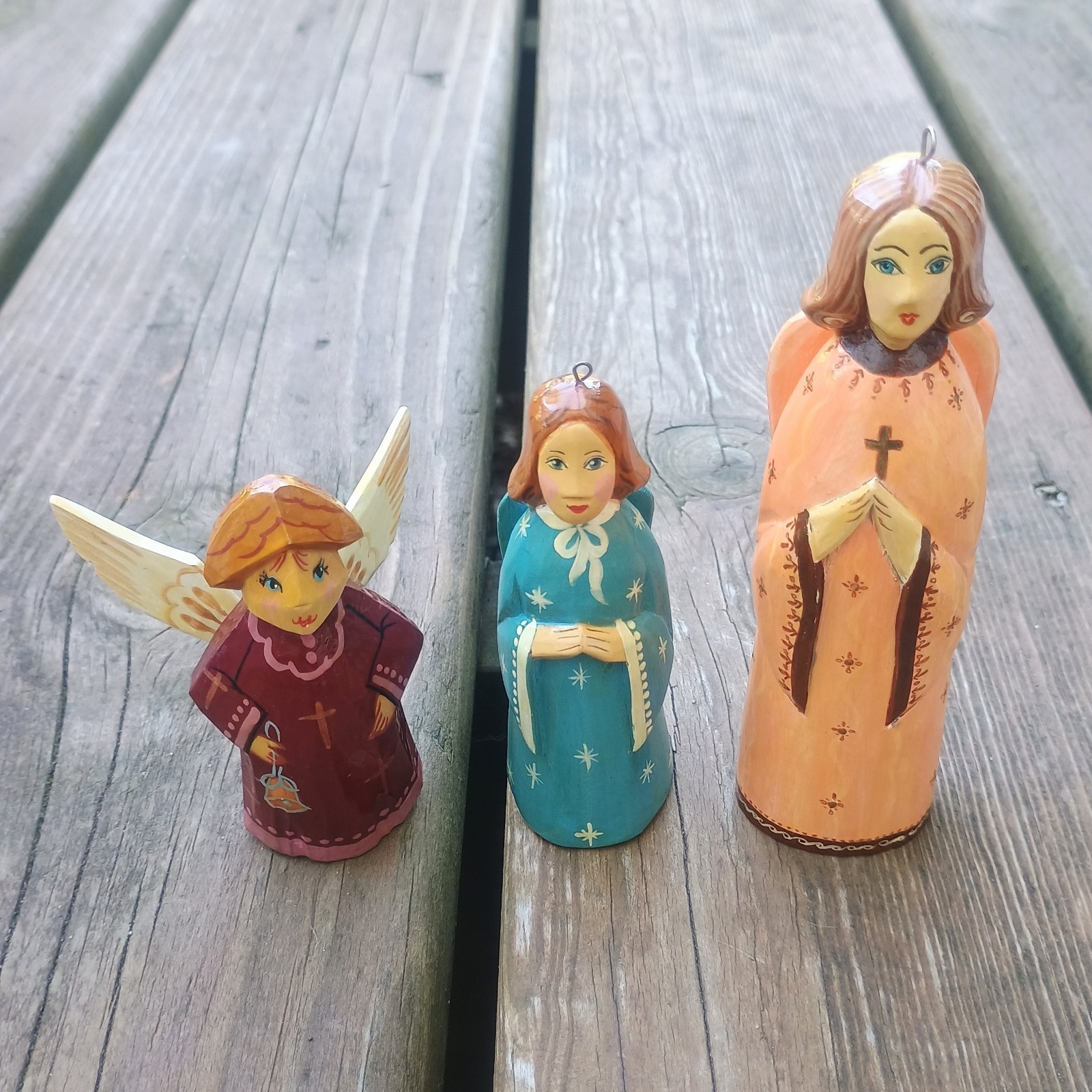  3 Carved Wooden Hand Made Russian Angel Figurines Hand Painted Signed Christmas