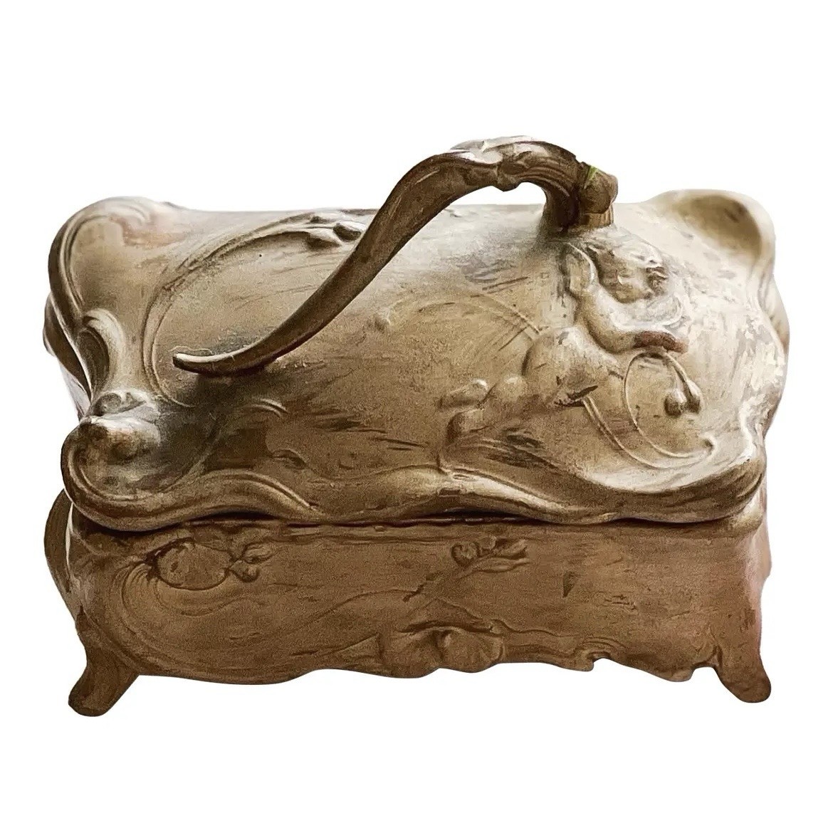 Antique Brass Keepsake Box Small Jewelry Box With Cherub Angel
