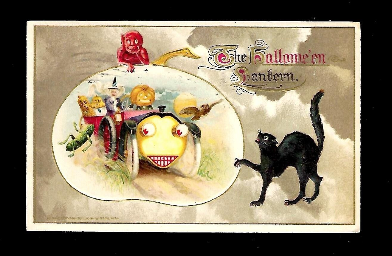 c1914 Winsch Halloween Postcard Witch, Goblins Black Cat Red Devil Ride Buggy