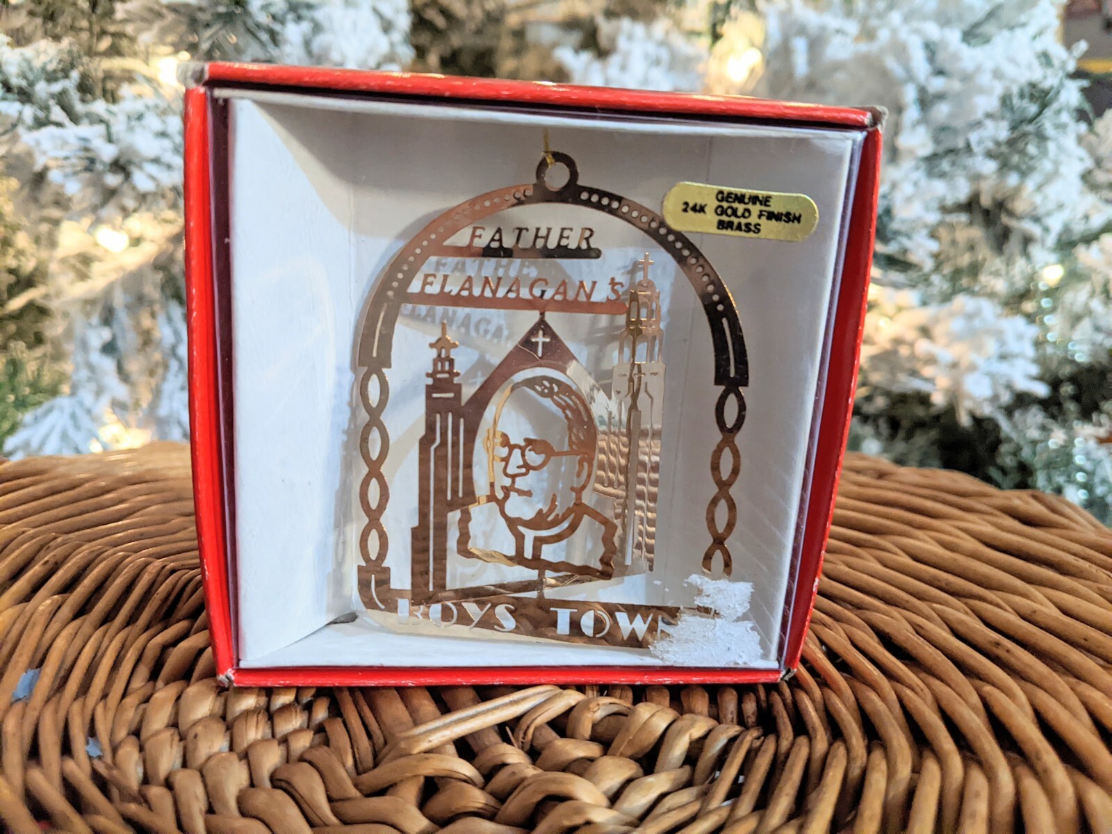 Vintage Father Flanagan\'s Ornament in Box 24k Gold Finish Brass Boy\'s Town
