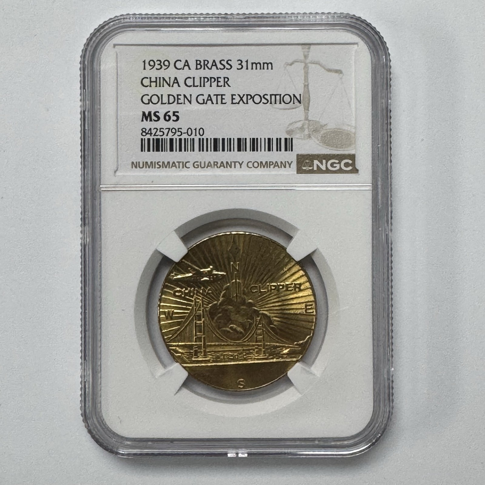 1939 Golden Gate Exposition China Clipper Medal NGC MS65 Brass 31mm Token