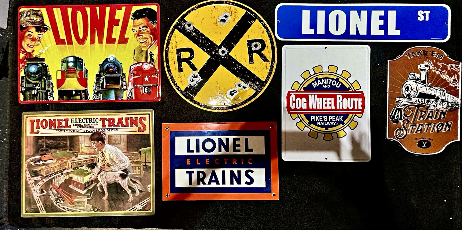 Lionel Tin Train Signs/Plaques Lot - Railroad Crossing, Cog Wheel Route, Station