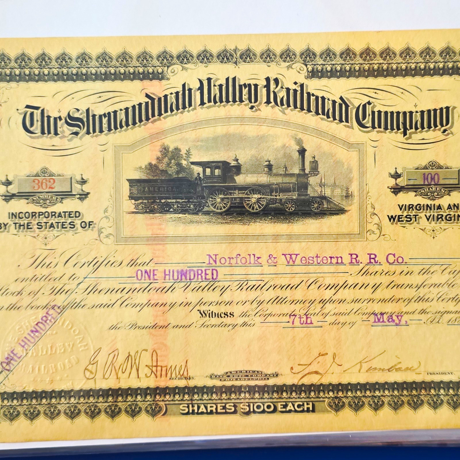 1883 Shenandoah Valley Railroad Stock Certificate 100 Shares