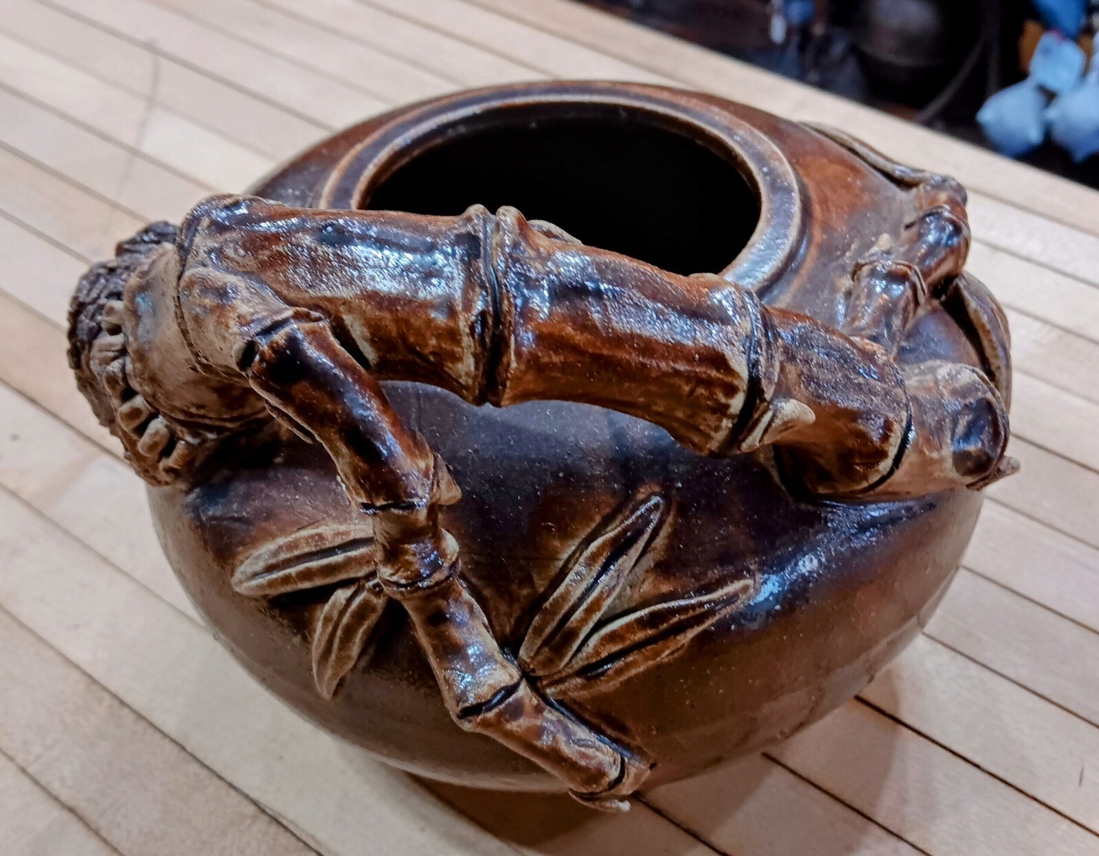 Vintage Handmade Asian Style Ceramic Vase/Bowl with Bamboo Handle