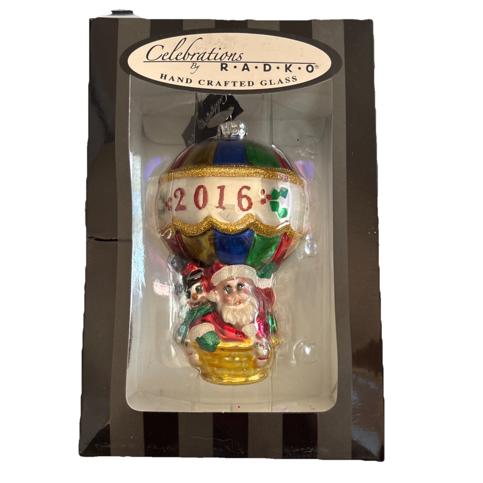 2016 Celebrations by RADKO Blown Glass Santa/Snowman In Hot Air Balloon Ornament