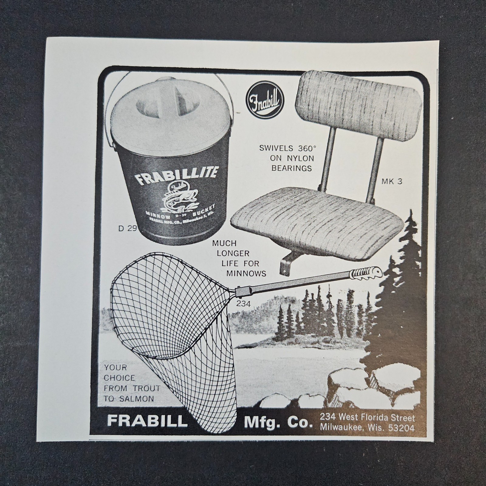 1967 Frabill Mfg Co Vintage Print Ad Minnow Bucket Dip Net Boat Seat Milwaukee