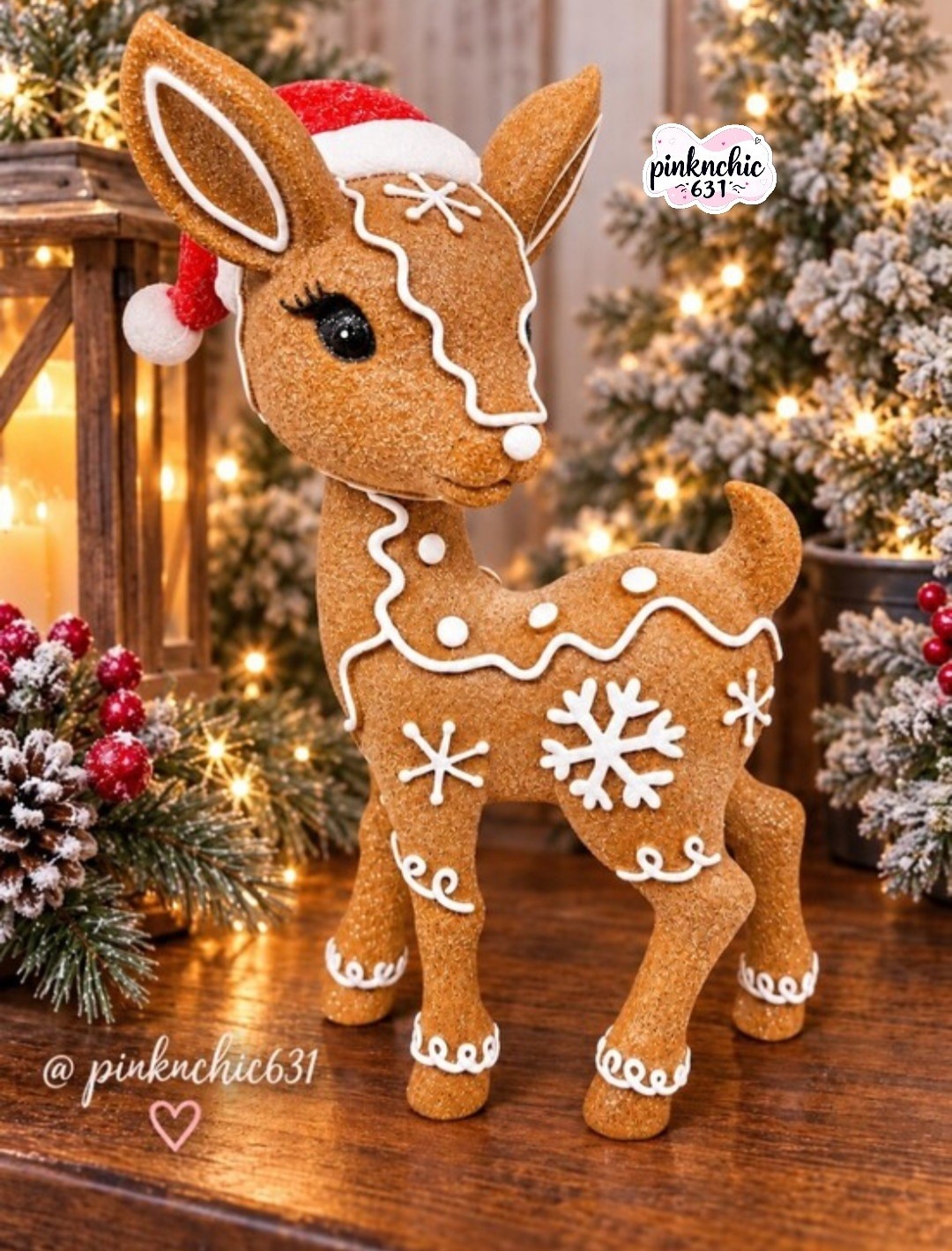 Old Time Pottery Gingerbread With Icing Reindeer Christmas Figurine Santa Hat 9\