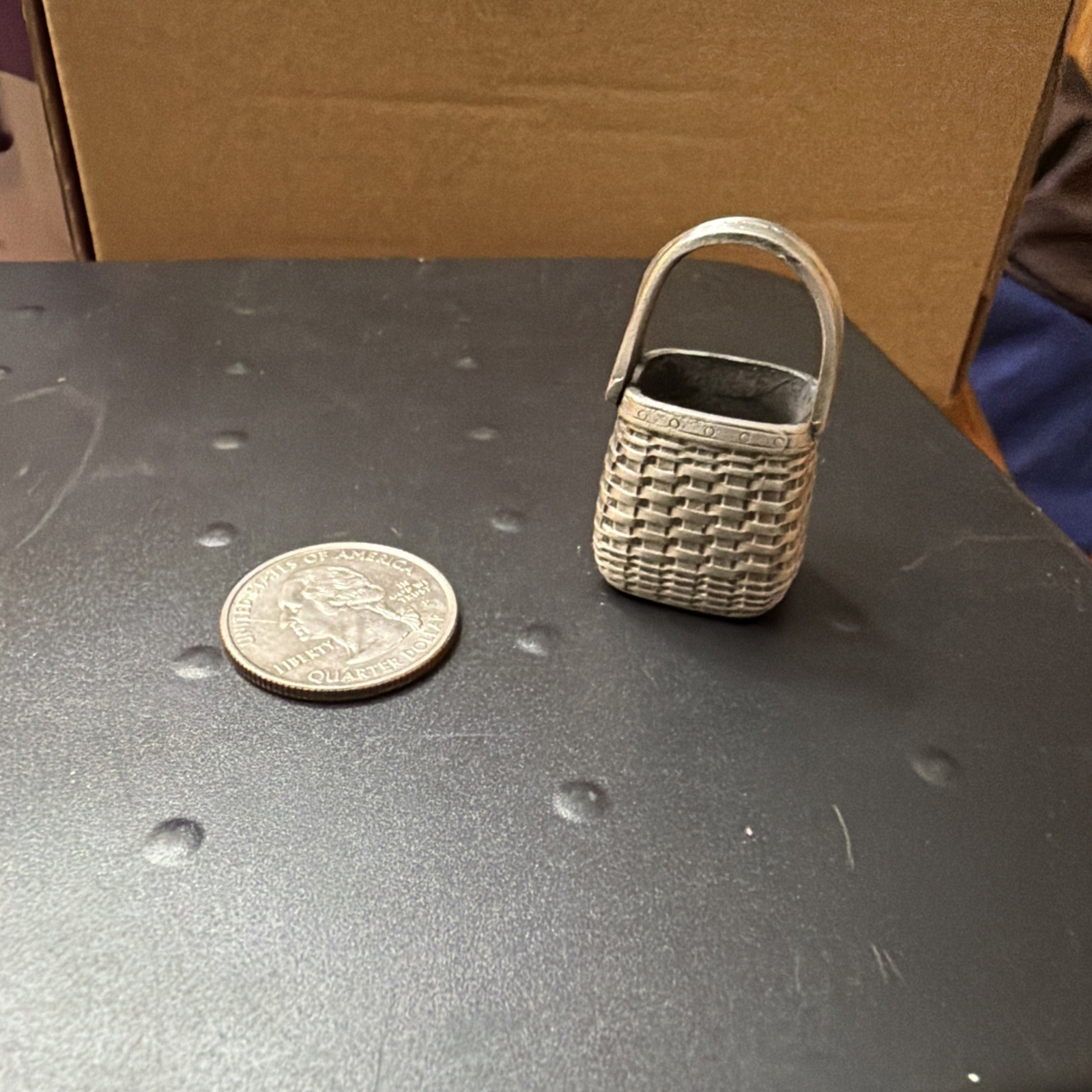 LONGABERGER PEWTER MINIATURE Tiny Tote BASKET W/ HANDLE - RARE