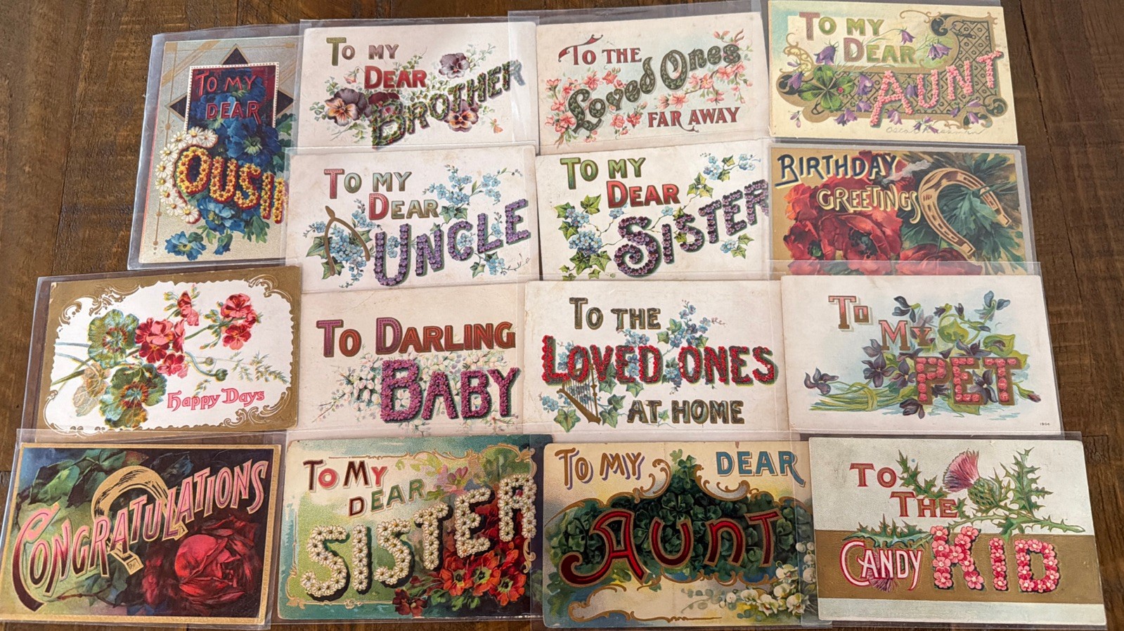 Vintage ~Lot of 15 Greetings~Postcards~Words~Family~Sentiments~Big Letters~s953