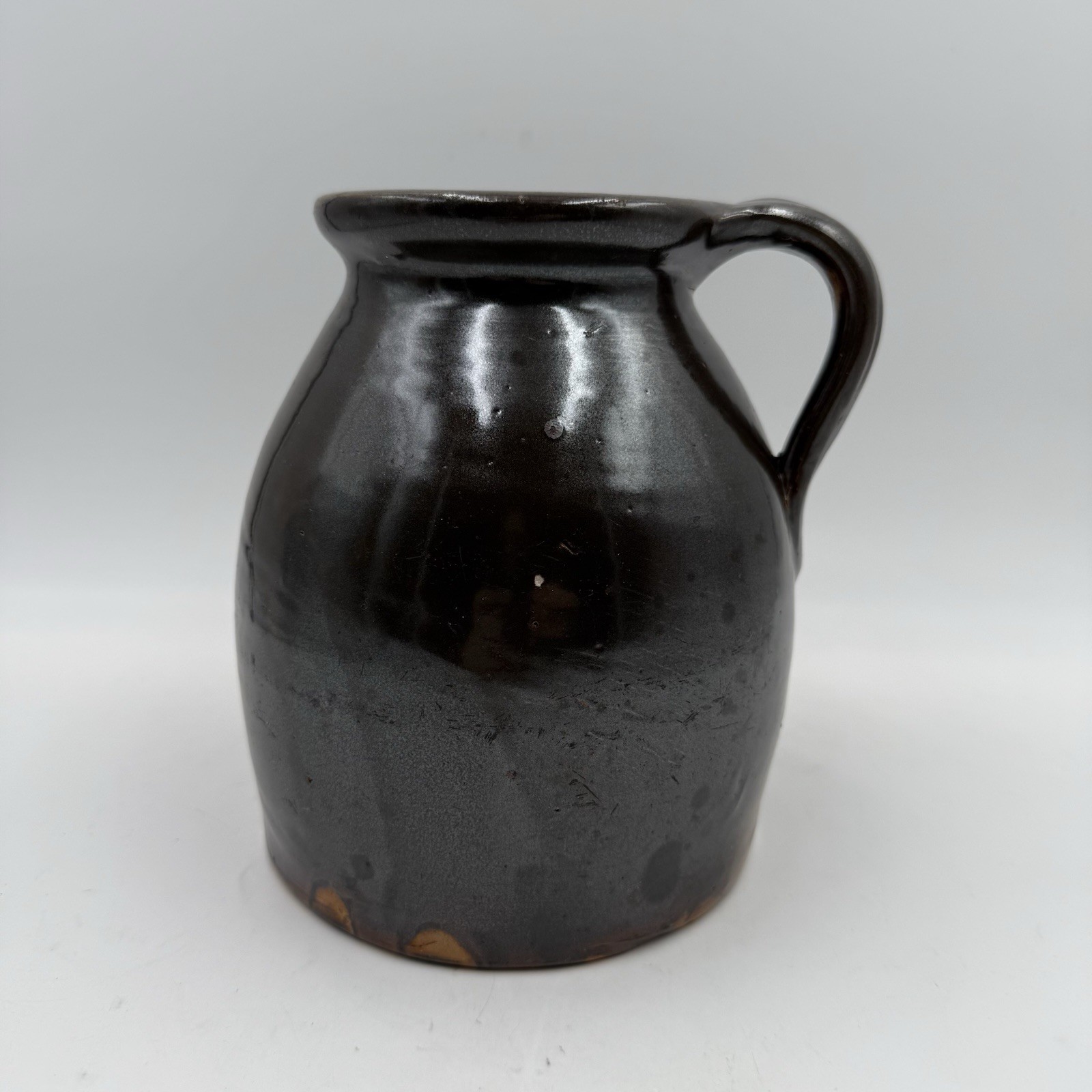 7” Chocolate Brown Stoneware Jug With Handle, Glossy Glaze, Unmarked