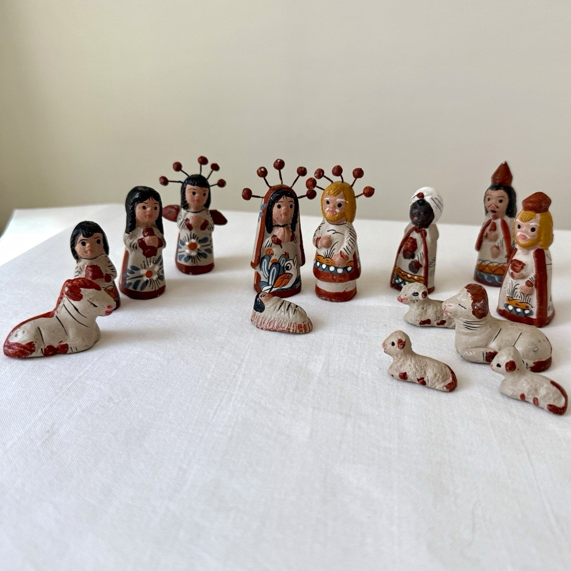 Vintage Mexican Folk Art Mini Ceramic Nativity Set Hand Painted Christmas Creche