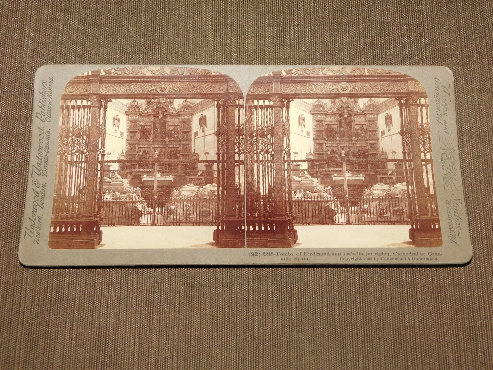VINTAGE STEREOVIEW STEREOSCOPE CARD 1902 TOMBS OF FERDINAND ISABELLA SPAIN