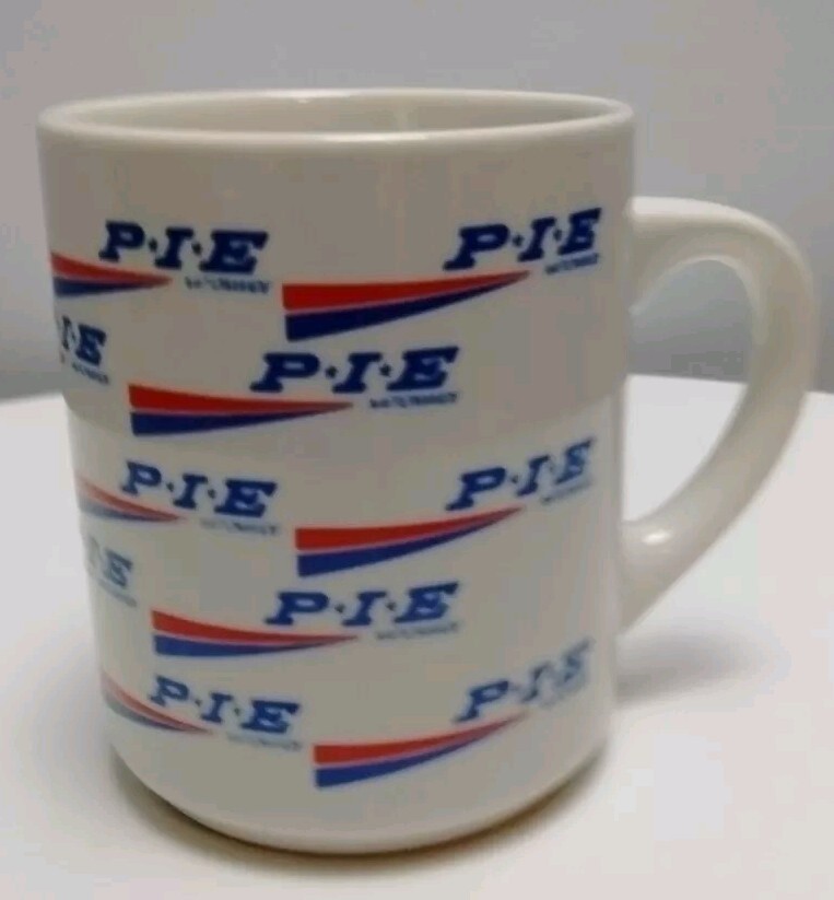 Vintage P.I.E Pacific Intermountain Express Mug White Red Blue Logo Trucking Adv Vintage P.I.E Pacific Intermountain Express Mug White Red Blue Logo Trucking Adv