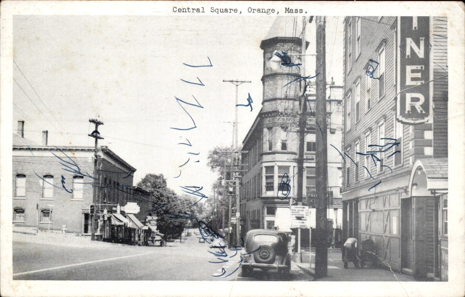 Orange MA Central Square street scene c1900s-10s Vintage Postcard