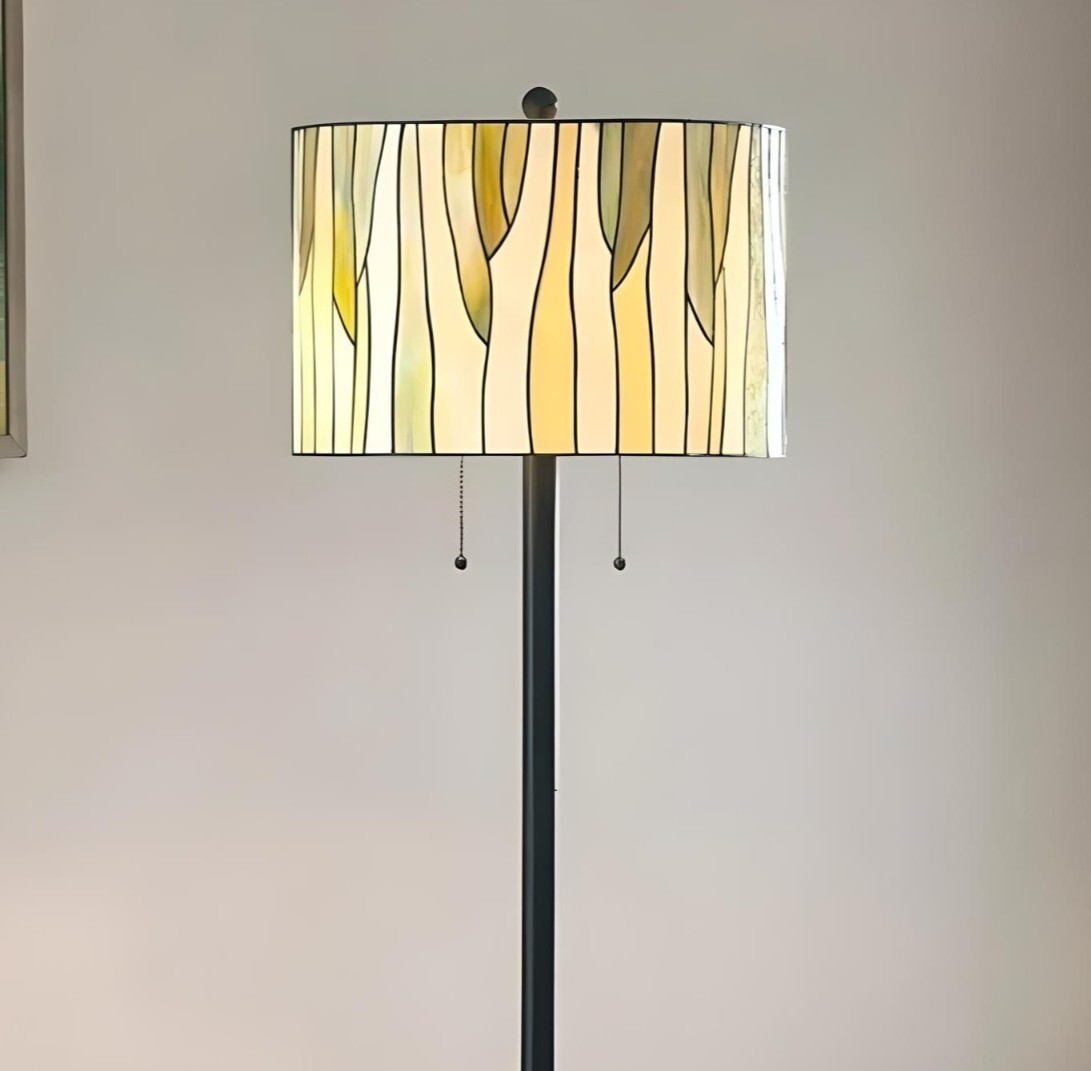 Elegant Green and Creme Tiffany Style Stained Glass Floor Lamp Drum Shade