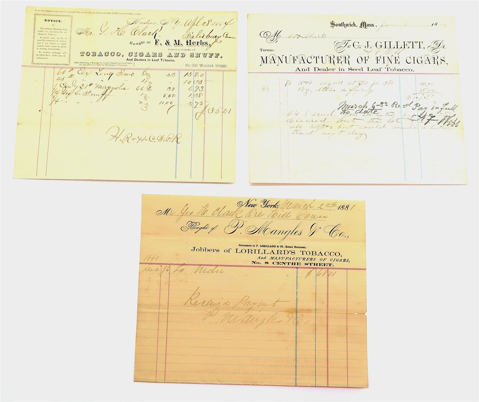 x3 Antique 1880's Billheads Letterhead Receipts for TOBACCO & CIGARS