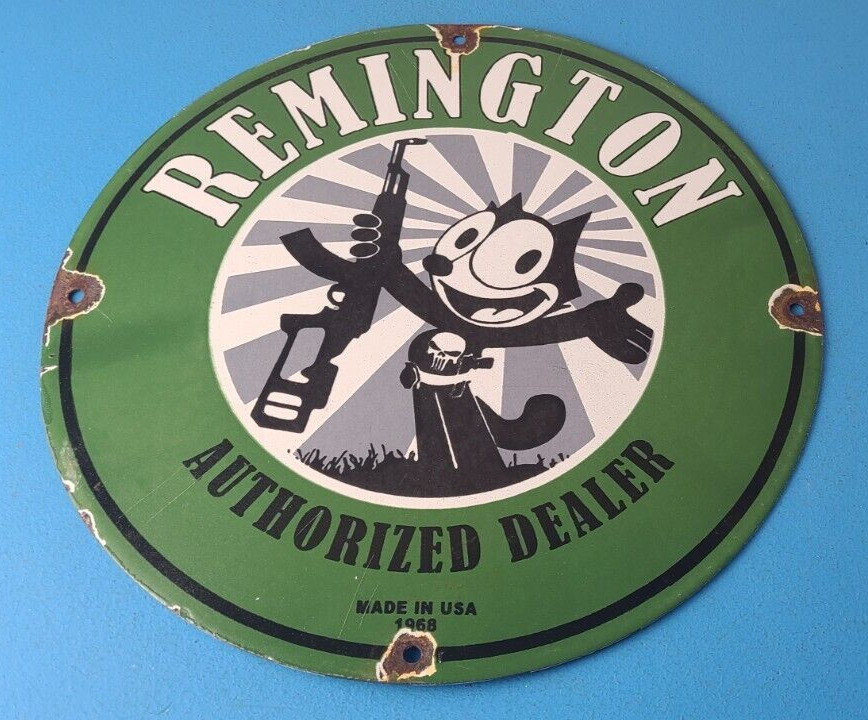 Vintage Remington Firearms Sign - Felix the Cat Dealer Gas Pump Porcelain Sign