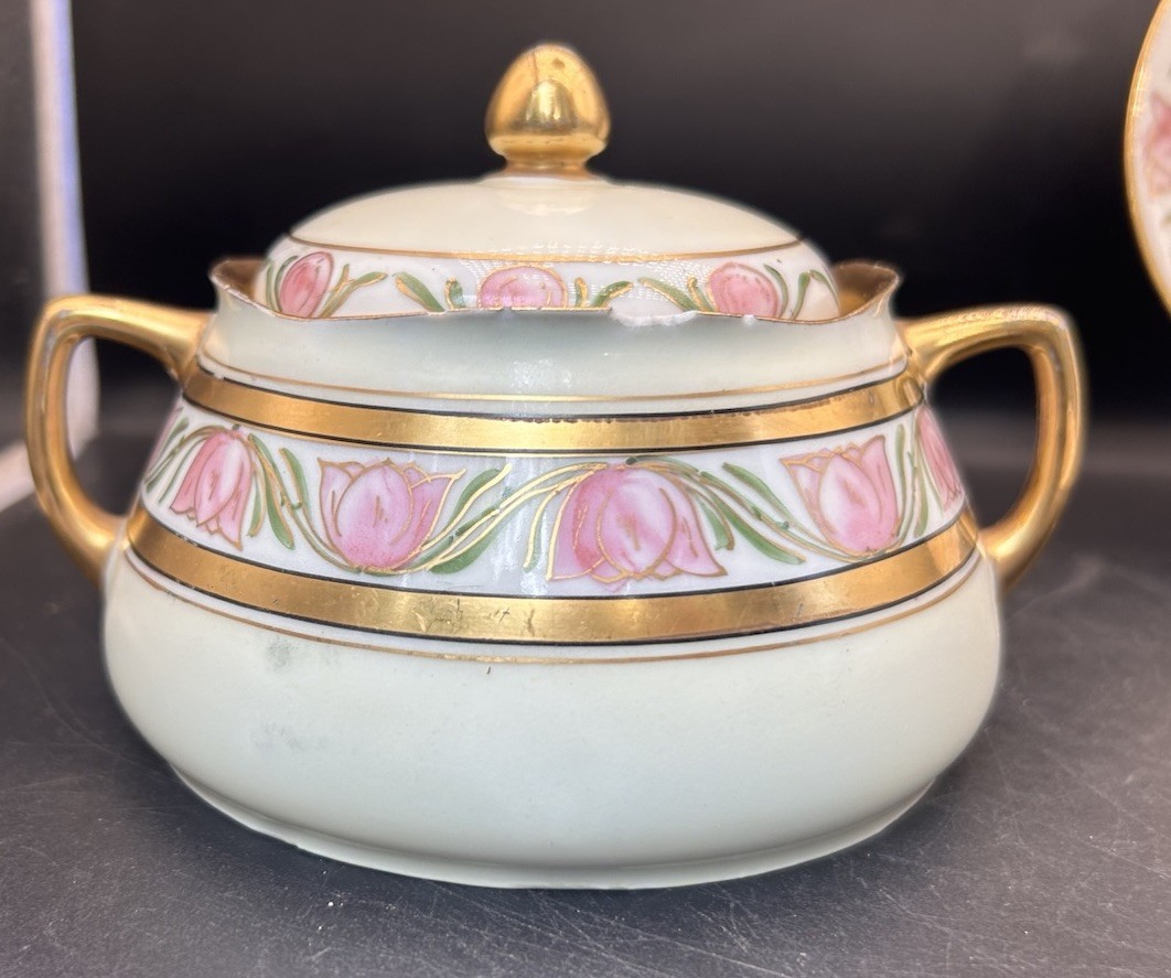 Antique Silesia Hermann Ohme Germany Porcelain Pink Floral Sugar Bowl 1880s Chip