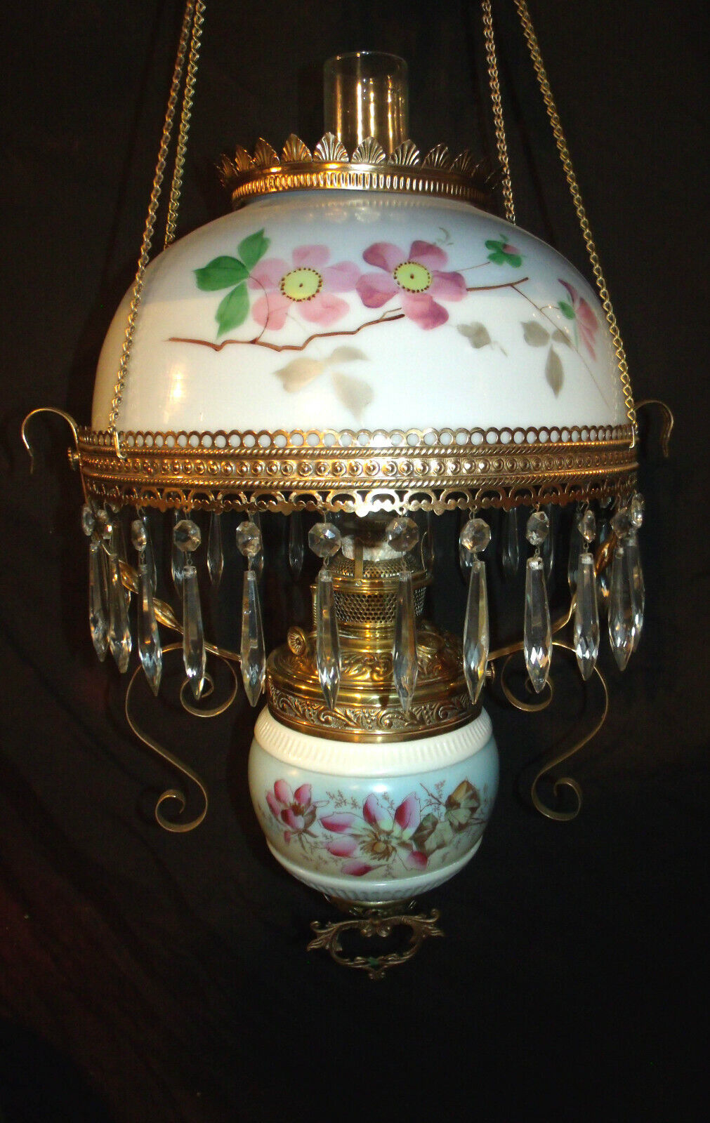 ANTIQUE B & H HANGING OIL LAMP (PINK FLORAL SHADE AND FONT HOLDER )
