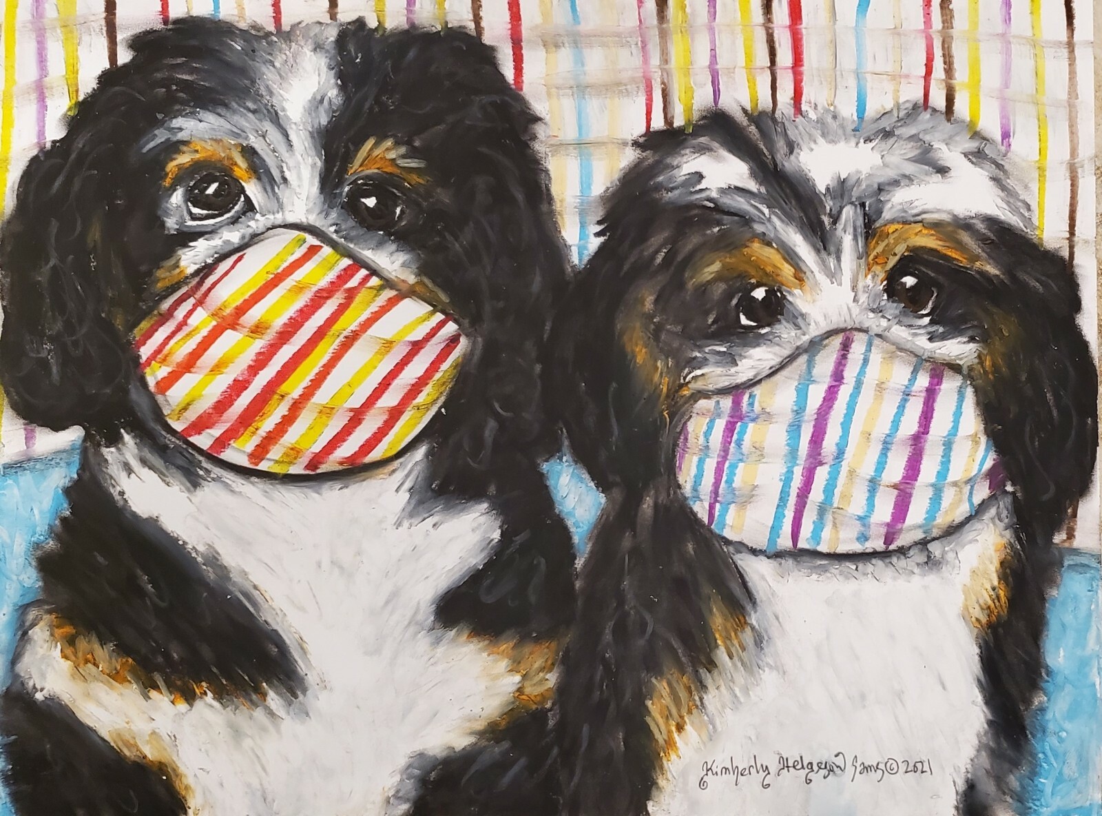BERNEDOODLE in Quarantine Masks Dog Art Print 4 x 6 Signed by Artist KSams