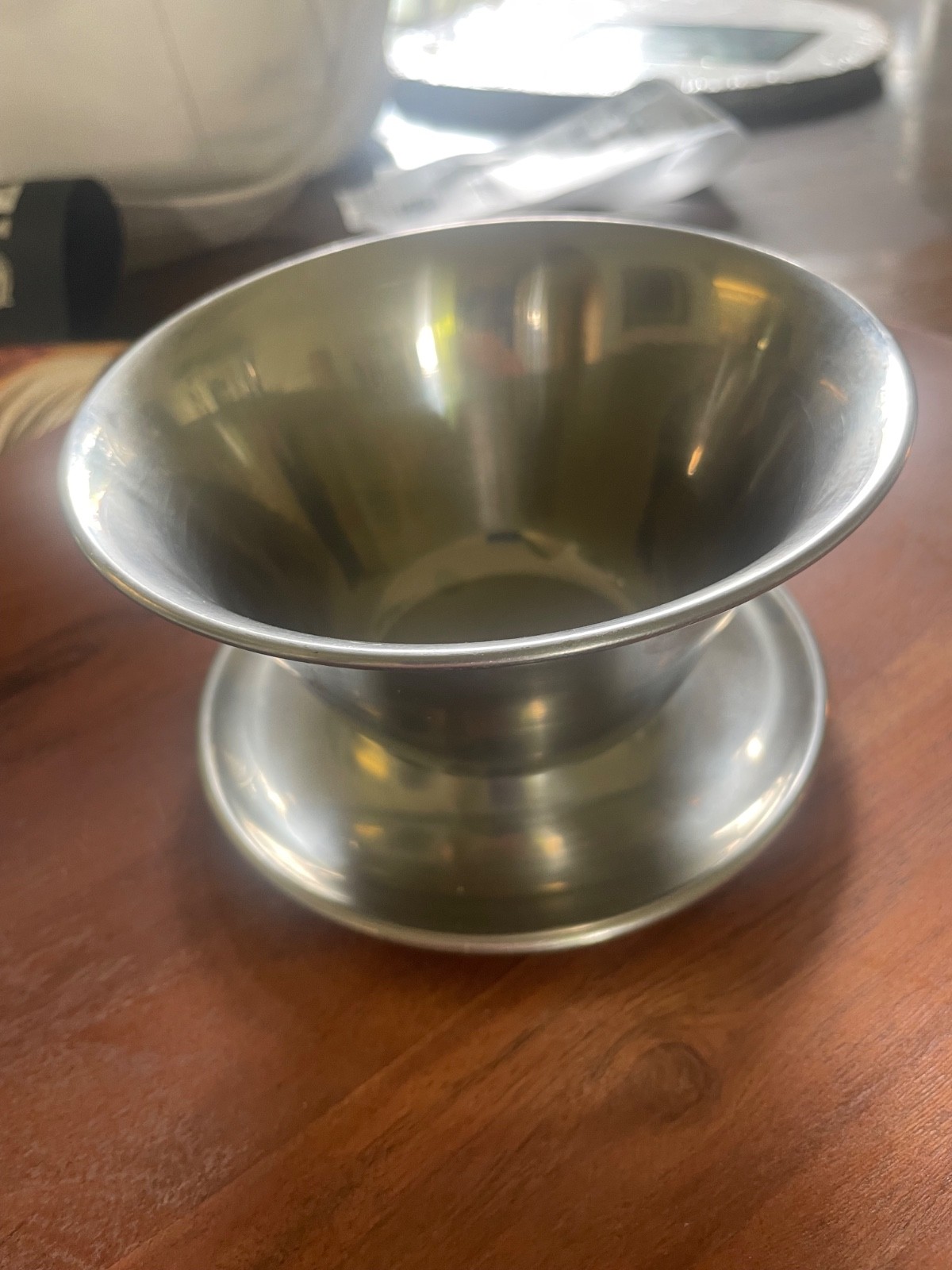 Vtg Stainless Steel 18-8 Denmark Sauce Bowl w/Attached Saucer 5-3/8” diameter Vtg Stainless Steel 18-8 Denmark Sauce Bowl w/Attached Saucer 5-3/8” diameter