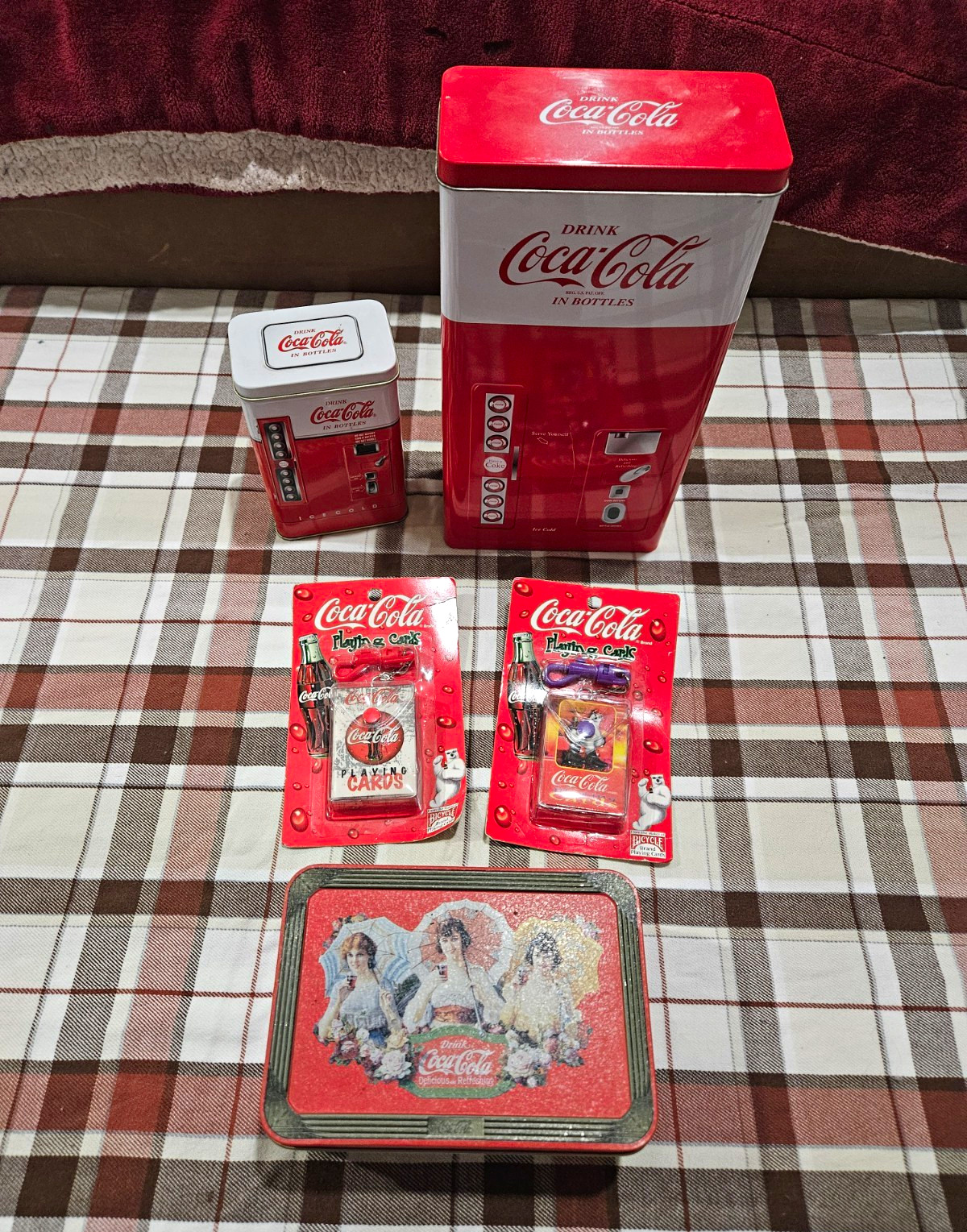 Coca-Cola Red & White Soda Tin Lot w/ 4 Glasses & 2 Playing Card Packs