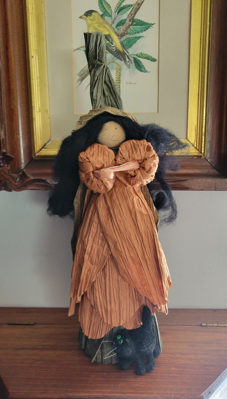 Vintage Primitive Halloween Witch Doll Folk Art Paper Twist Wool Hair Black Cat
