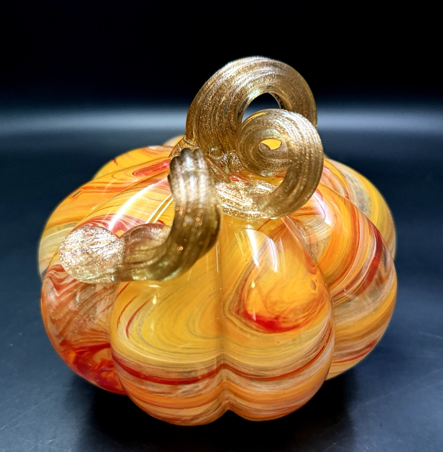 Handblown Art Glass Large Pumpkin Curly Stem Orange Swirl Halloween Thanksgiving