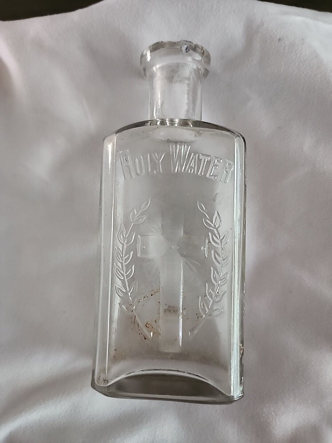 Vintage Holy Water Glass Bottle Antique  Embossed Cross 