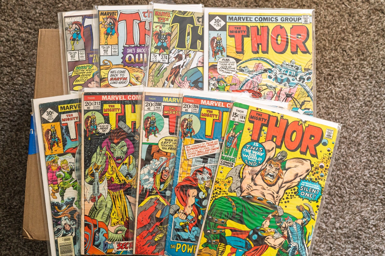 Lot of 9 The Mighty Thor #184 206 208 212 257 261 374 402 403 Marvel COMICS VG