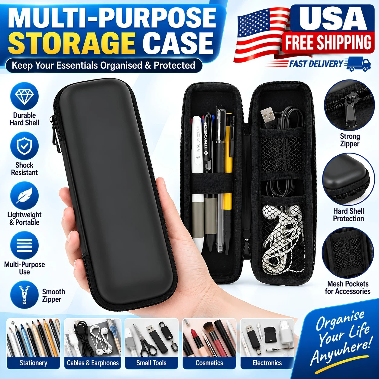 Black EVA Hard Shell Pencil Case Stylus Pen Holder Earphone Storage Pouch Bag