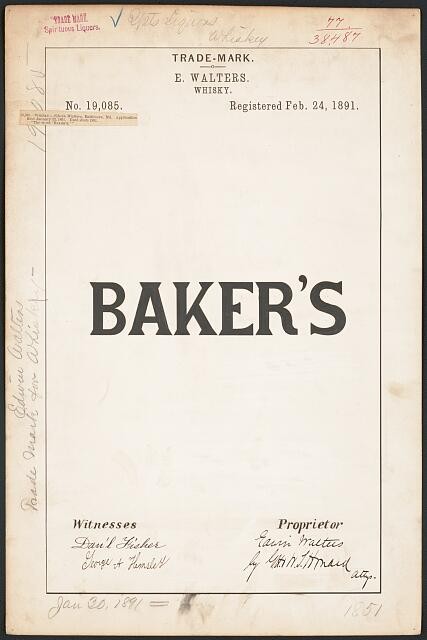 Photo:[Trademark registration by E. Walters for Baker's brand Whisky]