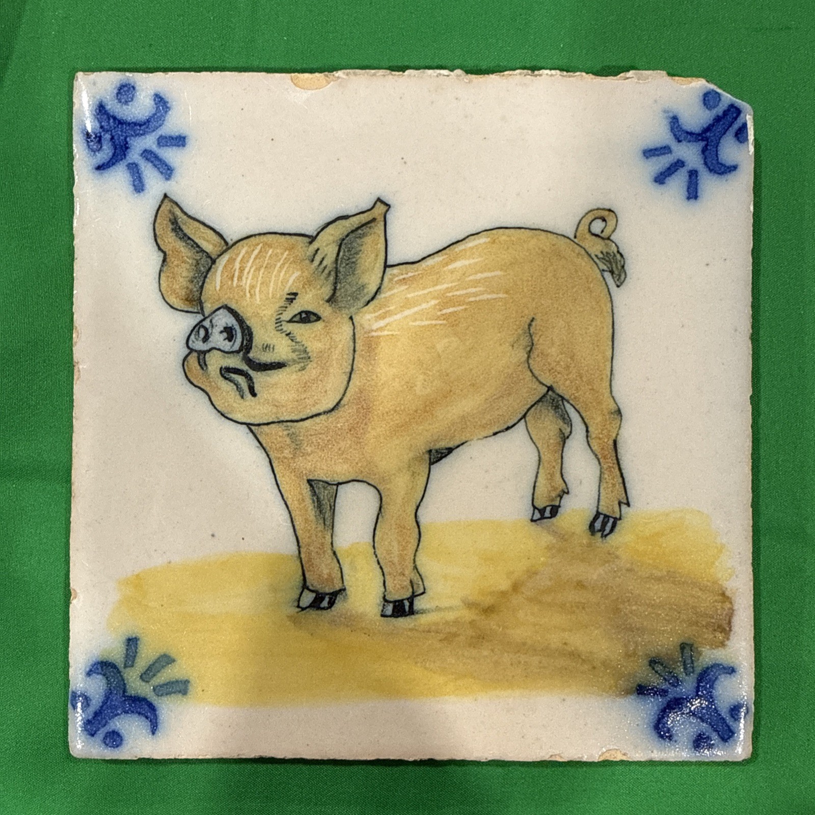 Vintage Portuguese Azulejo Tile Hand Painted Pig Figura Avulsa Portugal 5.5”