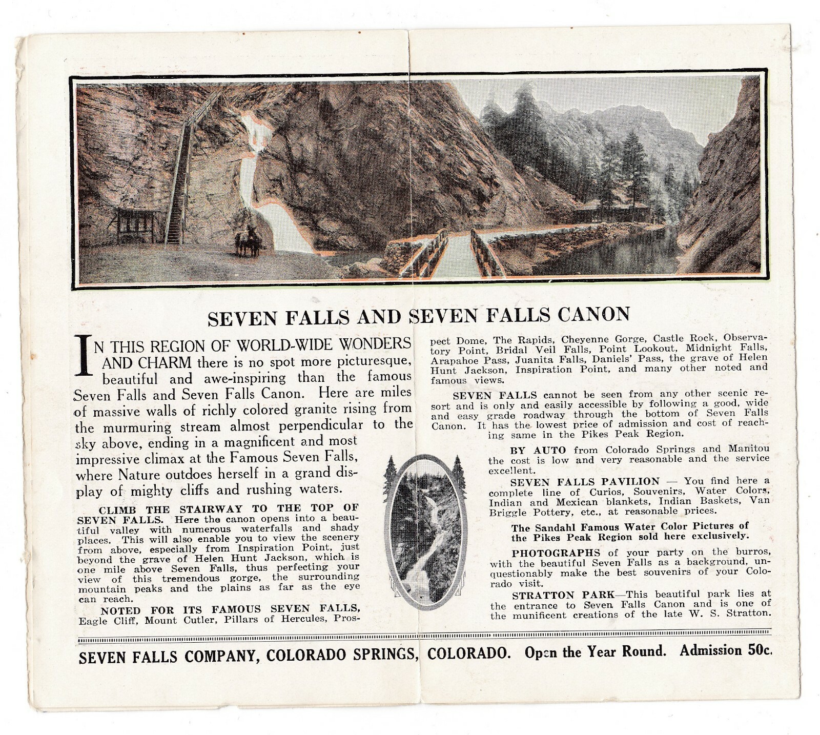 c1920 SEVEN FALLS COLORADO BROCHURE DIRT ROADS EAGLE CLIFF VINTAGE ADMISSION 50c