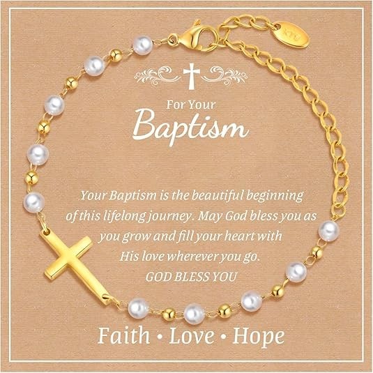 Baby Cross Bracelet Gift 18K Gold Plated Pearl Baptism Communion Jewelry