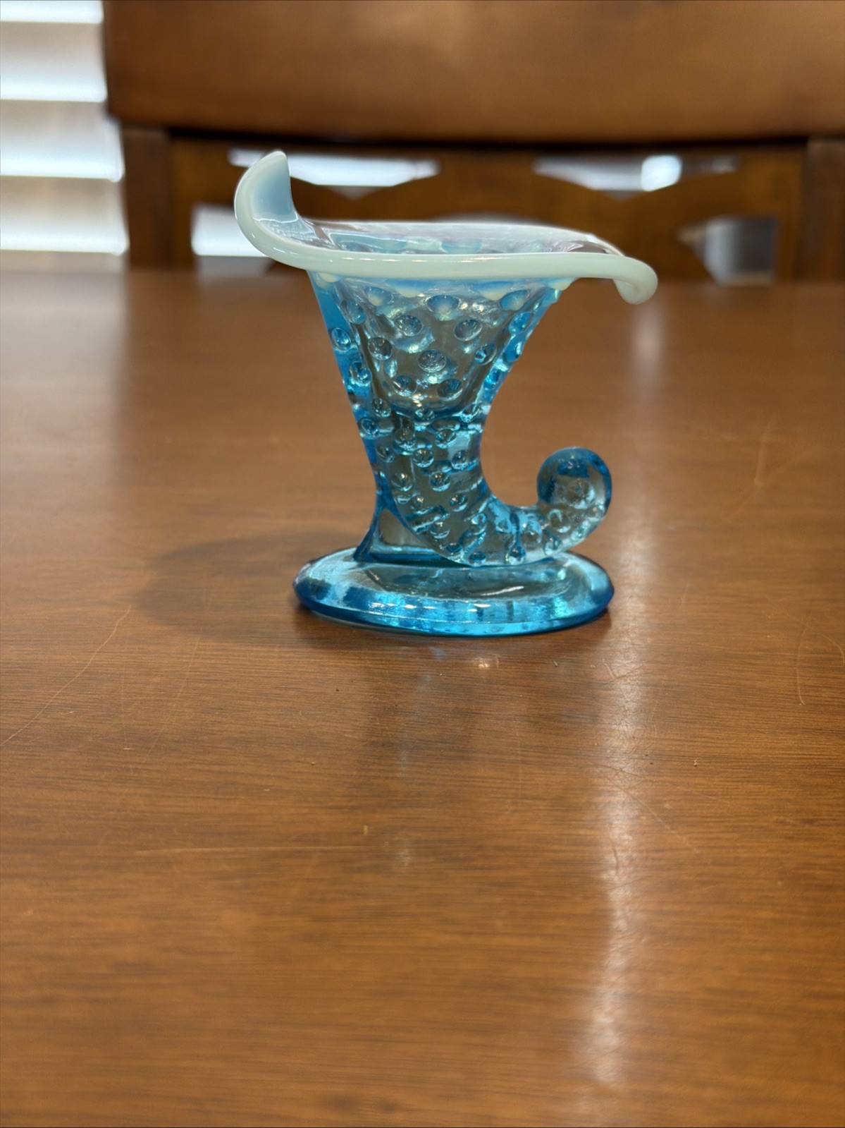 Vintage Fenton Glass Blue Opalescent Hobnail Cornucopia Horn Boot Candleholder