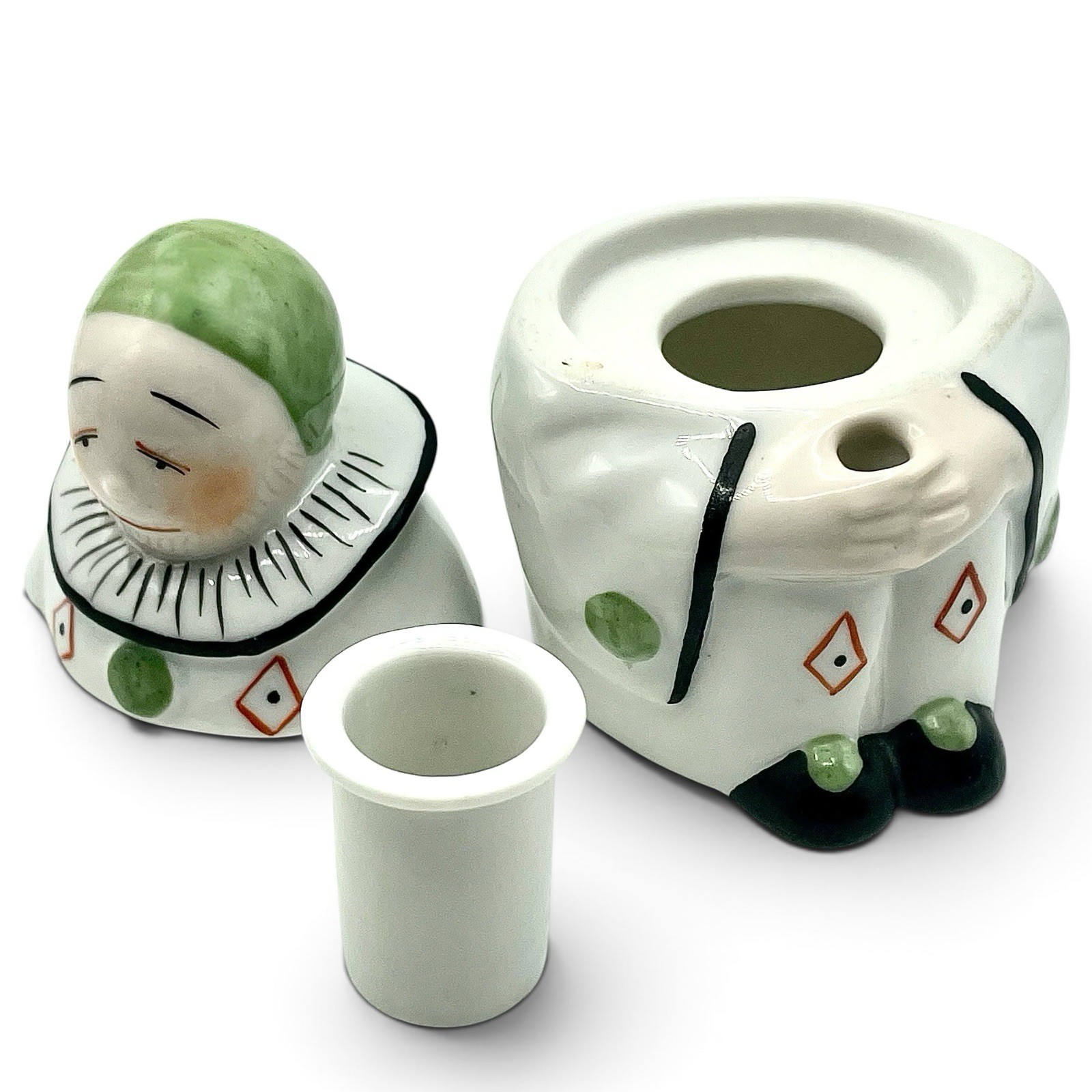 Vtg Art Deco Porcelain PIERROT Clown Figural Inkwell Seated Novelty Insert 7073