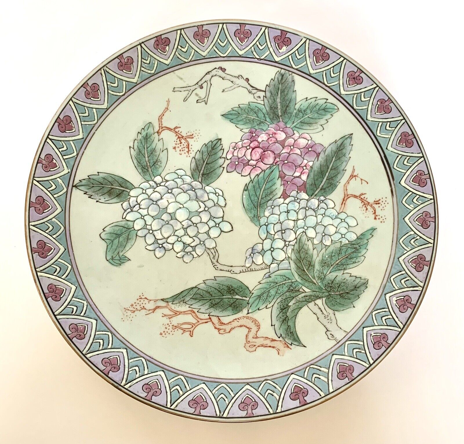 Vintage HFP Macau Hydrangea Design Plate #5 10”Purple Pink Blue Flowers Branches