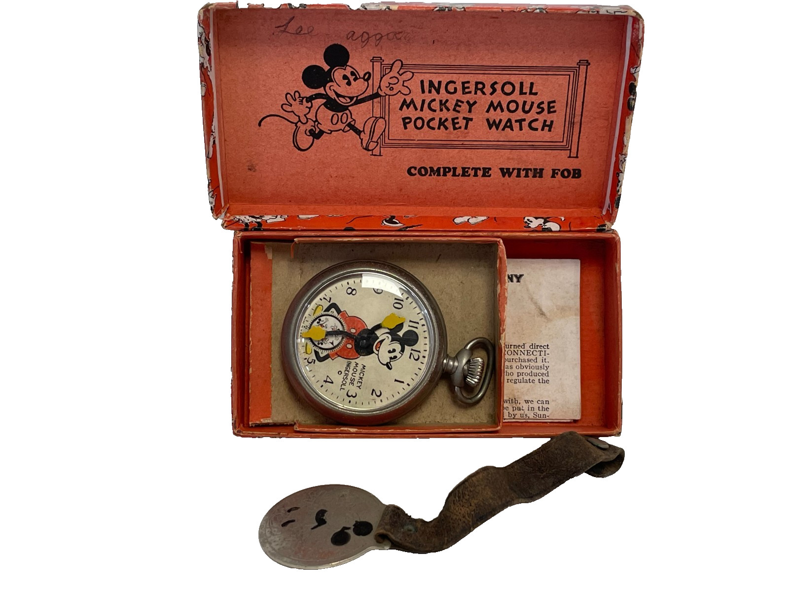 1934  MICKEY POCKET WATCH. WITH BOX AND INSERT AND FOB
