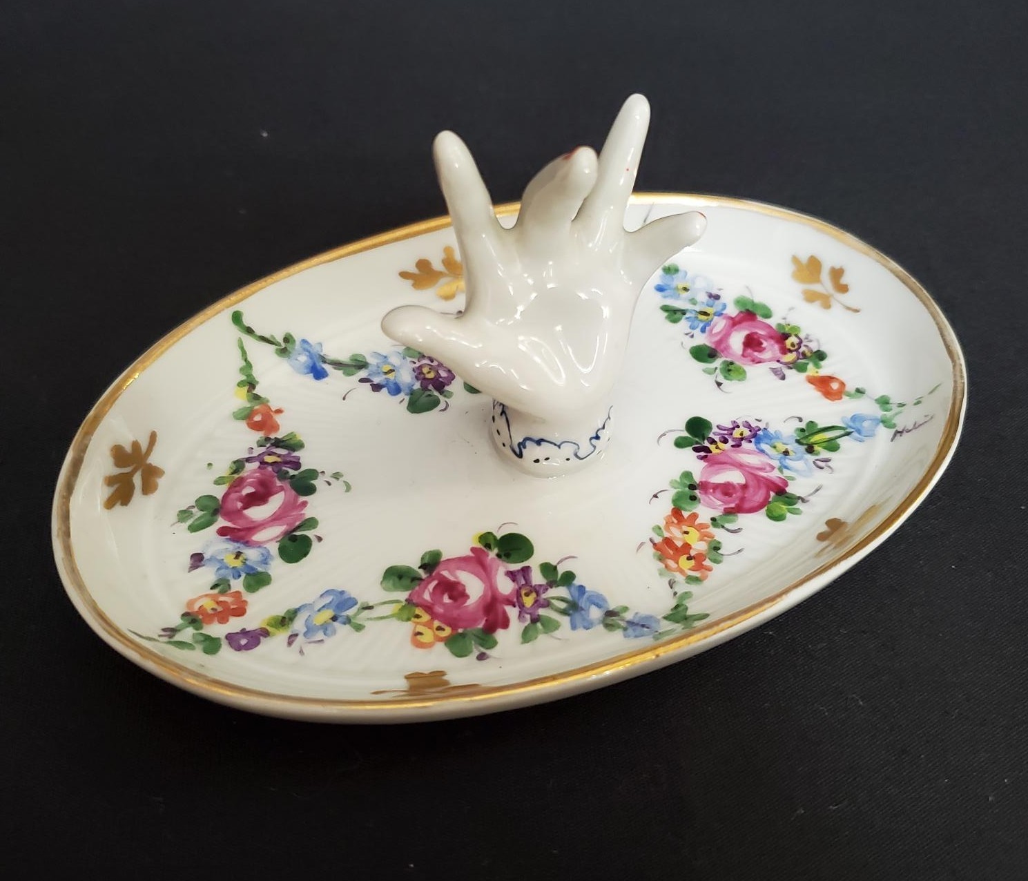 Vintage Hand Painted Made in France Porcelain Ring Holder-Gorgeous florals