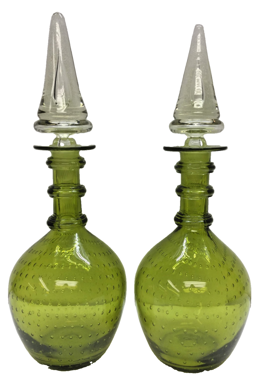 Pair Art Glass Decanters Green Bubbles Rings Submerso Stoppers Beautiful Pair