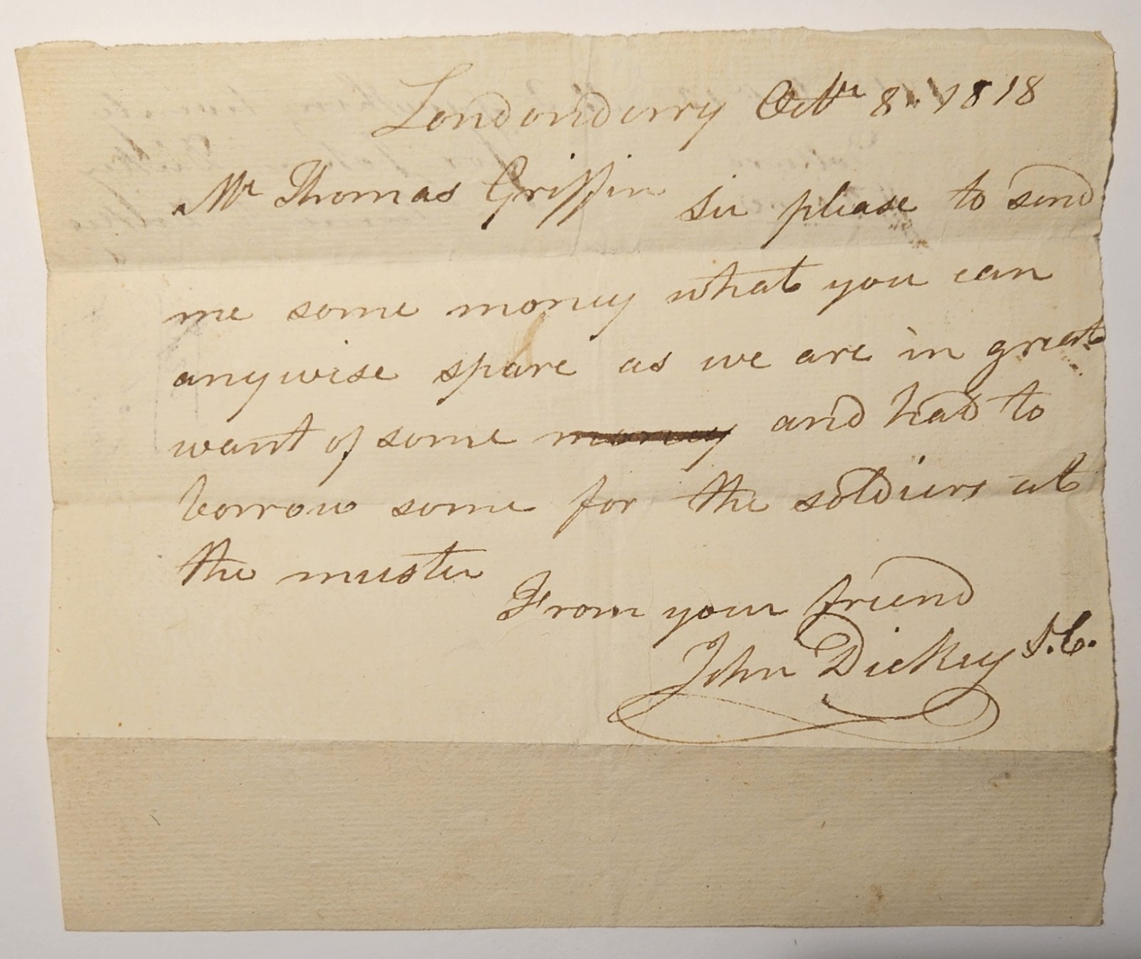 1818 Londonderry NH Militia Muster Letter Signed by Selectman John Dickey