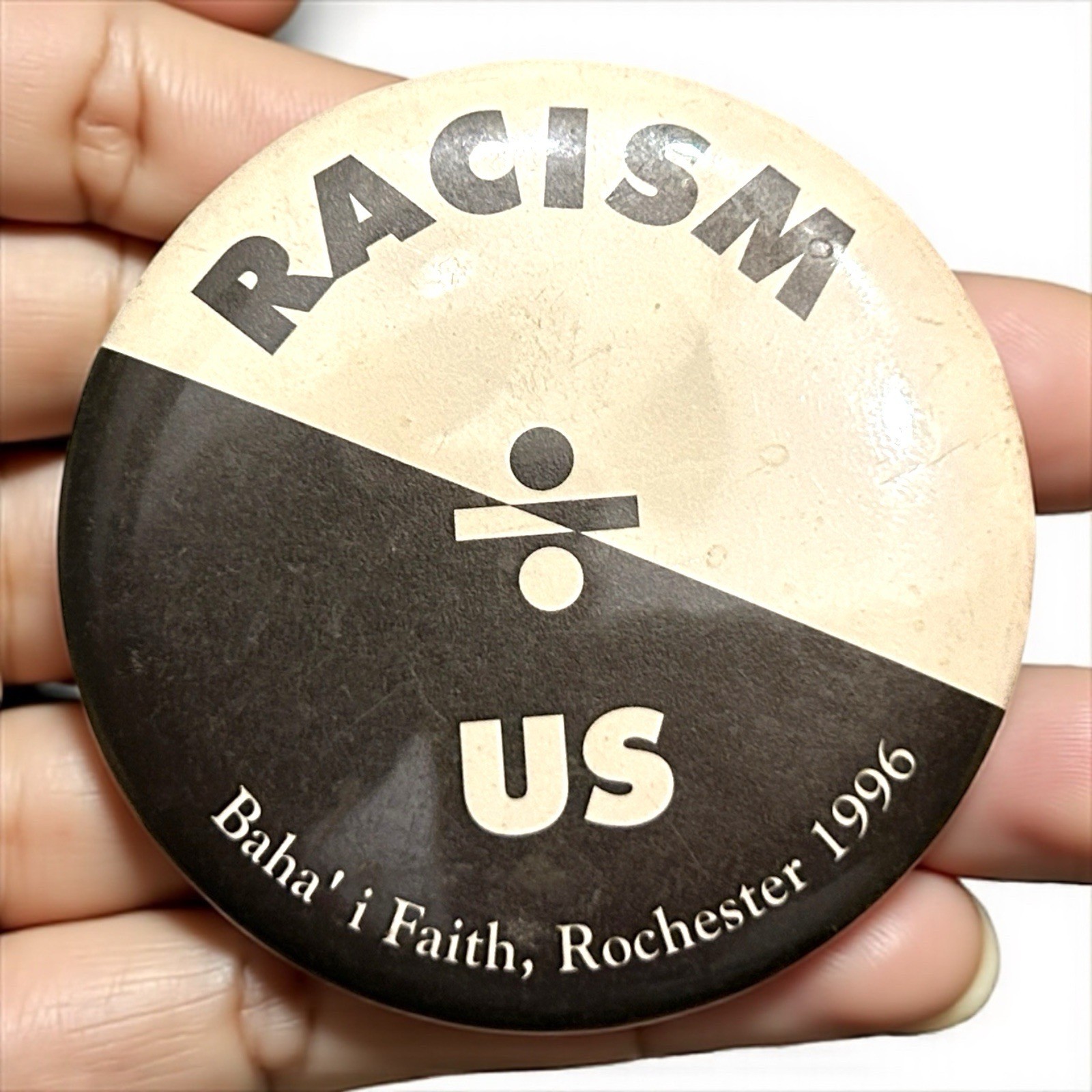 VTG 90s Racism Divides Us Pin Button Small Black White Anti-War Human Rights