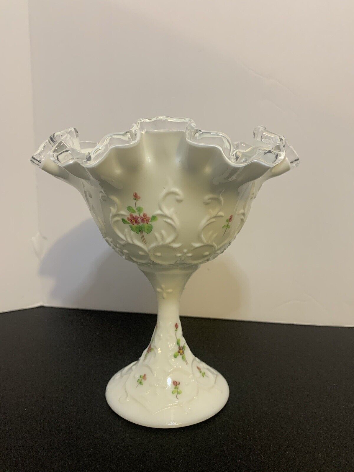 Vintage Fenton Compote Candy Dish Hand Painted Silver Crest Milk Glass