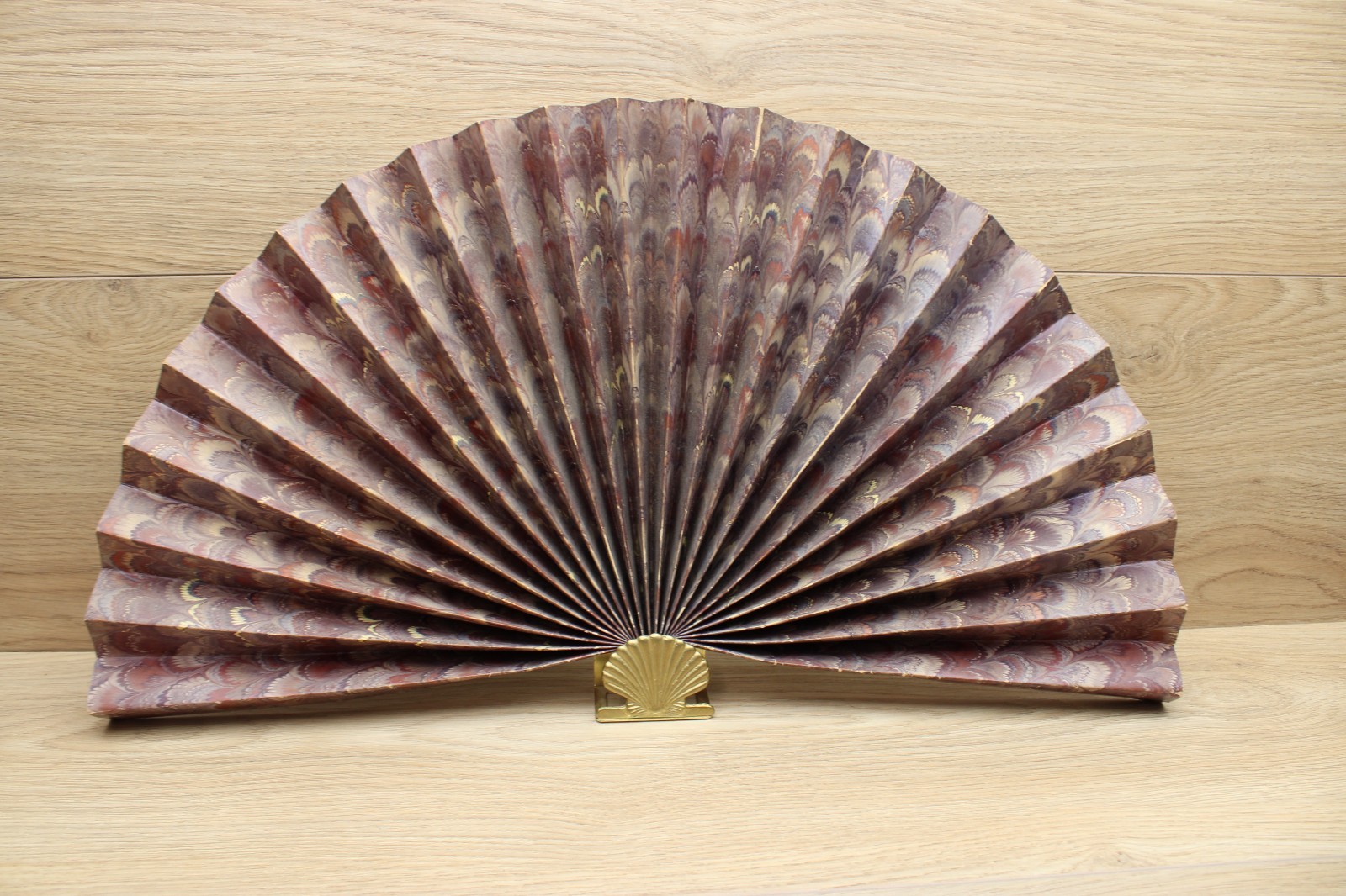 Vintage Marbled Paper Folding Fan Brass Shell Stand Wall Decor Taiwan