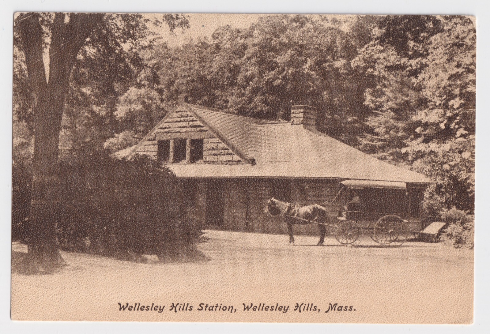 Postcard of horse drawn carriage Wellesley Hills Station, Wellesley MA