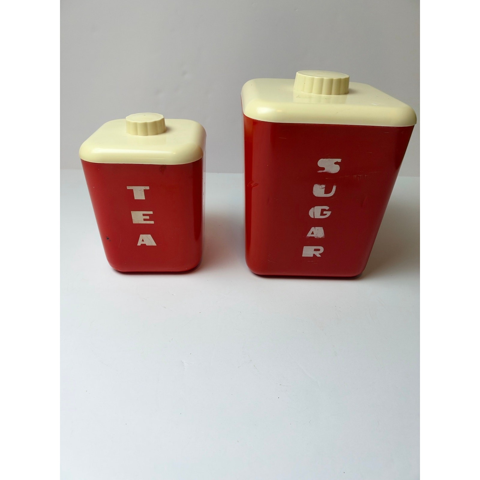 Vintage 1950s Lustro-Ware Red & Ivory Tea and Sugar Canisters – Set of 2